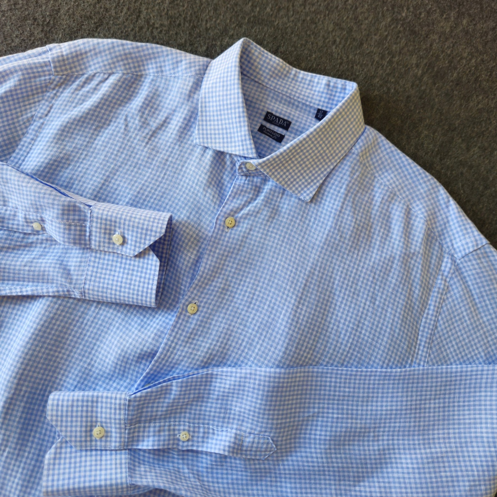 Spada 100% Italian Linen Button Down Men Sz 17 43 (L) Blue Gingham Vacation Luxe